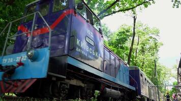 Ukrzaliznytsia. The train and wagons are moving. Toy railway. Excursion train in the park for children and kids. Locomotive. Ukraine, Kyiv - July 4, 2022. video