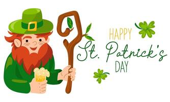 Funny inscriptions with St. Patrick's Day and a leprechaun with beer, a stick for posters, flyers, postcards, invitations, stickers, banners, gifts. Vector illustration of a modern Irishman. Rectangle