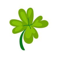 Four-leafed. Vector flat St. Patrick's Day illustration of a green lucky clover leaf isolated on a white background. A colored green object. A spring plant with heart-shaped leaves