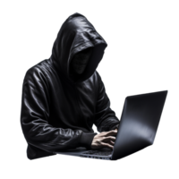 AI generated Hacker in hoodie using laptop png isolated on transparent background