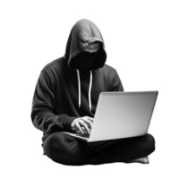 ai gegenereerd hacker in capuchon gebruik makend van laptop PNG geïsoleerd Aan transparant achtergrond