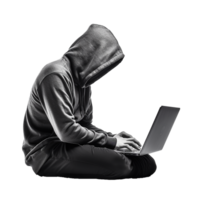 ai gerado hacker dentro moletom com capuz usando computador portátil png isolado em transparente fundo
