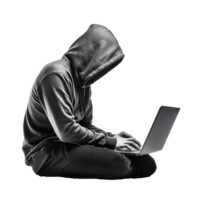 ai gegenereerd hacker in capuchon gebruik makend van laptop PNG geïsoleerd Aan transparant achtergrond