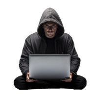 AI generated Hacker in hoodie using laptop png isolated on transparent background