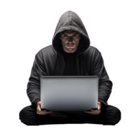 AI generated Hacker in hoodie using laptop png isolated on transparent background