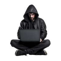 AI generated Hacker in hoodie using laptop png isolated on transparent background