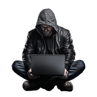 AI generated Hacker in hoodie using laptop png isolated on transparent background