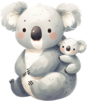 AI generated Cuddling Koala Mother and Joey Watercolor Illustration, a koala mother cuddling her joey, showcasing a sweet moment of maternal affection. png