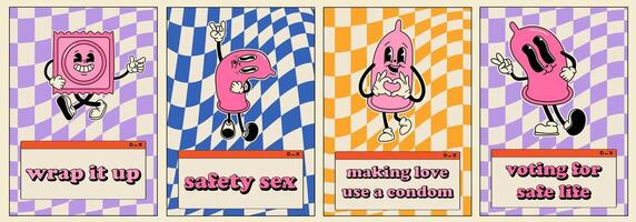 Set of Poster with  retro condom mascot character old animation style. Safe sex,birth control and contraception concept vector