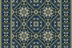 Geometric ethnic oriental pattern vector illustration.flat pixel art embroidery on navy blue background.Aztec style,Slavic,abstract background.design for texture,fabric,clothing,decoration,scarf,print