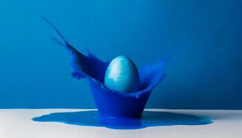 ai generado Pascua de Resurrección huevo en azul pintar chapoteo, espacio para logogenerado imagen foto