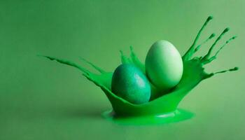 ai generado Pascua de Resurrección huevos en el verde pintar chapoteo, espacio para logogenerado imagen foto