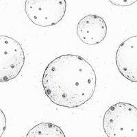 Monochrome pattern with Moon covered with craters. Celestial astronomical bodies in outer space hand drawn in black and white colors. Vector illustration for wallpaper, fabric print, backdrop.