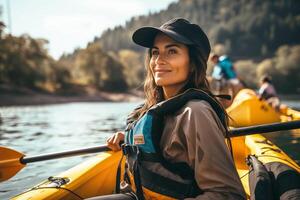 ai generado mujer vistiendo kayak engranaje foto