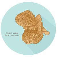 Bungeo-ppang carp bread fish-shaped pastry stuffed with sweetened red bean paste filling. It is one of the most common winter street food in South Korea. Hand drawn vector illustration