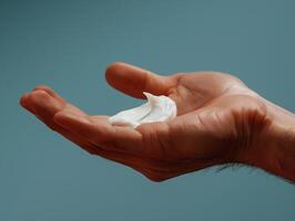 AI generated Man's hand holding cream on blue background. Shallow depth of field photo