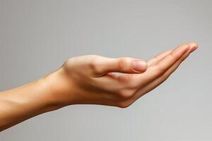 AI generated Female hand on gray background. Close up of female hand gesturing photo