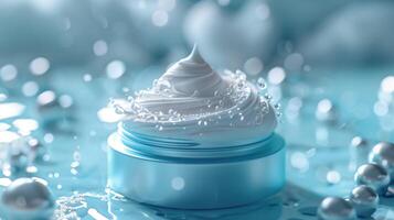AI generated Face cream moisturizer in a jar on blue background. 3d rendering, mockup photo