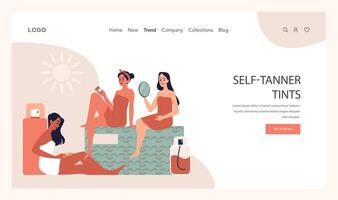 Self-tan web banner or landing page. Beautiful woman applying self-tanner vector