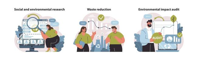 Research and reduction set. Probing social-environmental issues, championing waste minimization. vector