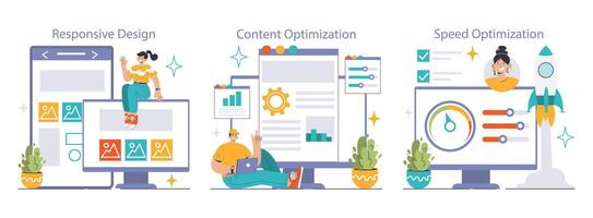 Website optimization set. Tailoring user-friendly web interfaces, vector