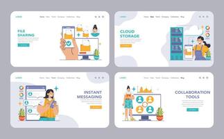 colaboración herramientas web o aterrizaje colocar. diverso profesionales utilizando tecnología vector