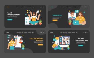 Collaboration tools dark or night mode web, landing set. Employees using vector