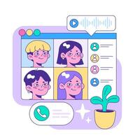 Engaging online group video call featuring diverse faces in a colorful interface, complete with play button, voice waveforms, and a vibrant call-to-action. Flat vector illustration.