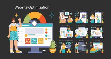 Website Optimization dark or night mode set. Expert showcasing strategies vector