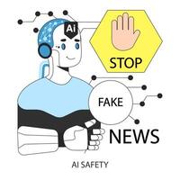 AI ethics. AI robotics character recognize and filter fake news, propaganda vector