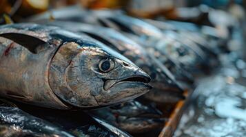 AI generated Fish displayed on the table at marke photo