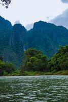 An aerial view of the River and the mountains of Vang Vieng, Laos. Asia-Pacific. photo