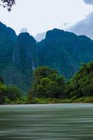 An aerial view of the River and the mountains of Vang Vieng, Laos. Asia-Pacific. photo