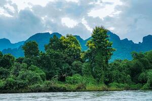 An aerial view of the River and the mountains of Vang Vieng, Laos. Asia-Pacific. photo