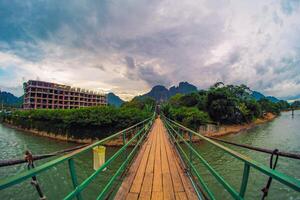 An aerial view of the River and the mountains of Vang Vieng, Laos. Asia-Pacific. photo
