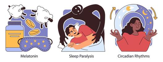 Insomnia set. Diverse characters suffering from sleep deprivation. Sleep vector