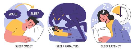 Insomnia set. Diverse characters suffering from sleep deprivation. Sleep vector