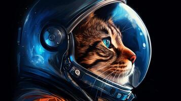 ai generado un gato en un astronauta casco miradas dentro espacio, con tierra reflejado en el visera, conjunto en contra un estrellado fondo foto