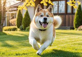 ai generado linda akita inu corriendo en el césped fuera de un hermosa hogar. es un soleado primavera día. foto