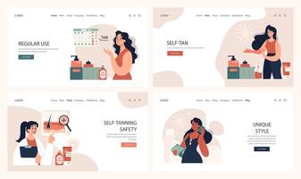 Self-tan web banner or landing page set. Beautiful woman applying self-tanner vector