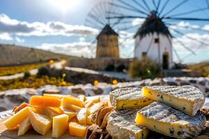 ai generado tradicional manchego queso plato con vista a el icónico molinos de viento de consuegra, ideal para culinario y viaje temas foto