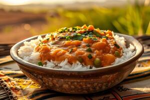 ai generado tradicional maliense tigadeguena maní salsa con arroz en un rústico cuenco foto