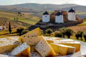 AI generated Traditional Manchego Cheese Platter Overlooking the Iconic Windmills of Consuegra, Ideal for Culinary and Travel Themes photo