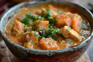 ai generado abundante maliense maní estofado 'tigadegena' con pollo y verduras, un Oeste africano culinario especialidad foto