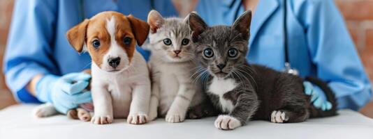 ai generado veterinario examen de perros y gatos, perrito y gatito a el veterinario. animal clínica. mascota poner en pantalla y vacunas, cuidado de la salud foto