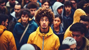 ai generado retrato de confuso mirando africano americano hombre en amarillo chaqueta y afro pelo rodeado por multitud de gente, diversidad concepto, antecedentes foto