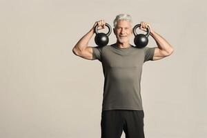 AI generated Senior Caucasian man doing exercise with kettlebell photo