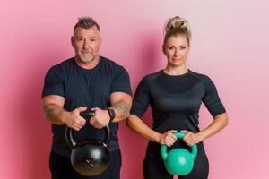 AI generated Senior Caucasian man and woman doing exercise with kettlebell photo