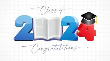 Class of 2024 congratulatios, greetation postcaring card concept. Invitation postcard design. Checkered notebook backdrop with clipping mask. Open 3D book and number with academic hat. Vector image.