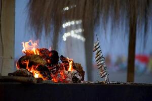 Sizzling Delight, Grilling Sardine Skewers Over an Open Flame photo